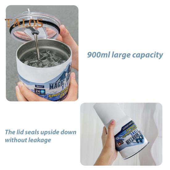 Stainless Steel Ice Cup 900ML Large Capacity Insulation Tumbler with Straw Car Coffee Cup for Hot Cold Drinks Water Tea Milk Office Outdoor Insulated