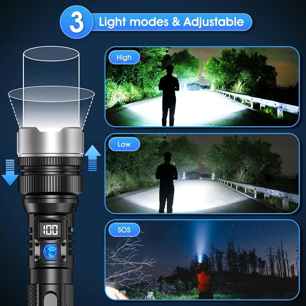 Powerfull Flashlight Type C Rechargeable LED Zoom Torch Long Range Tactical Lamp for Outdoor Waterproof Camping Fishing Lantern