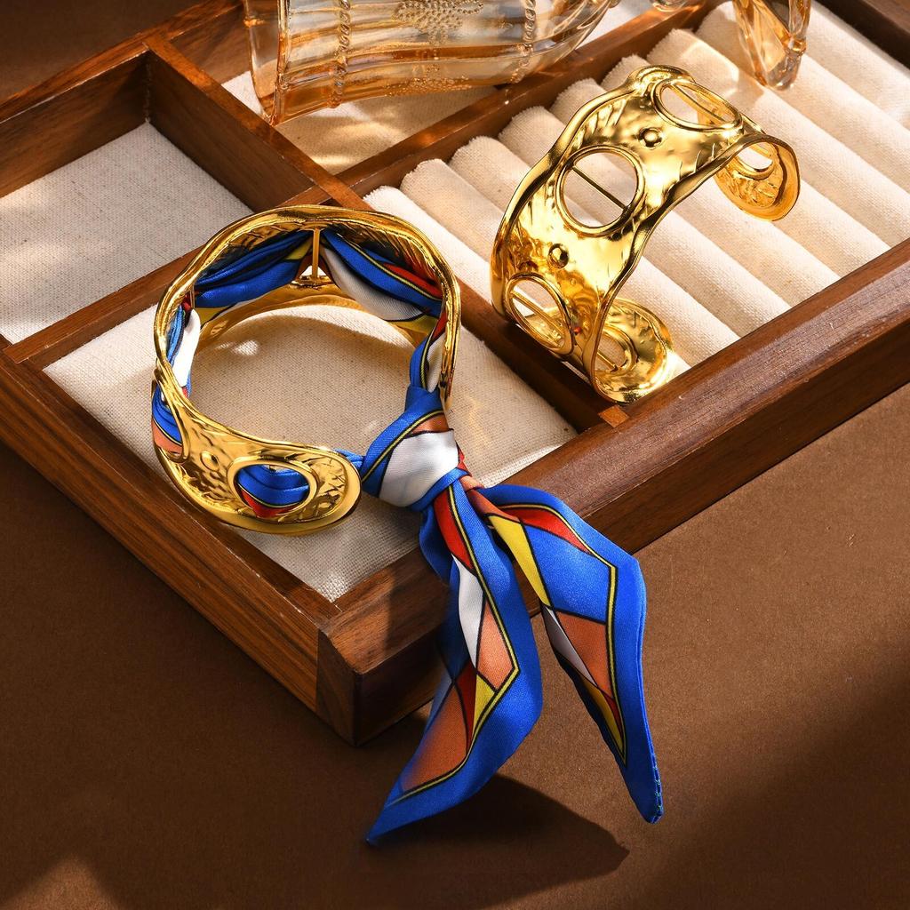 Silk Scarves Hollow Open Bangle Bracelet For Women, Chunky Wrist Cuff Wrap Bracelet Stainless Steel Gold Plated Wide Jewelry