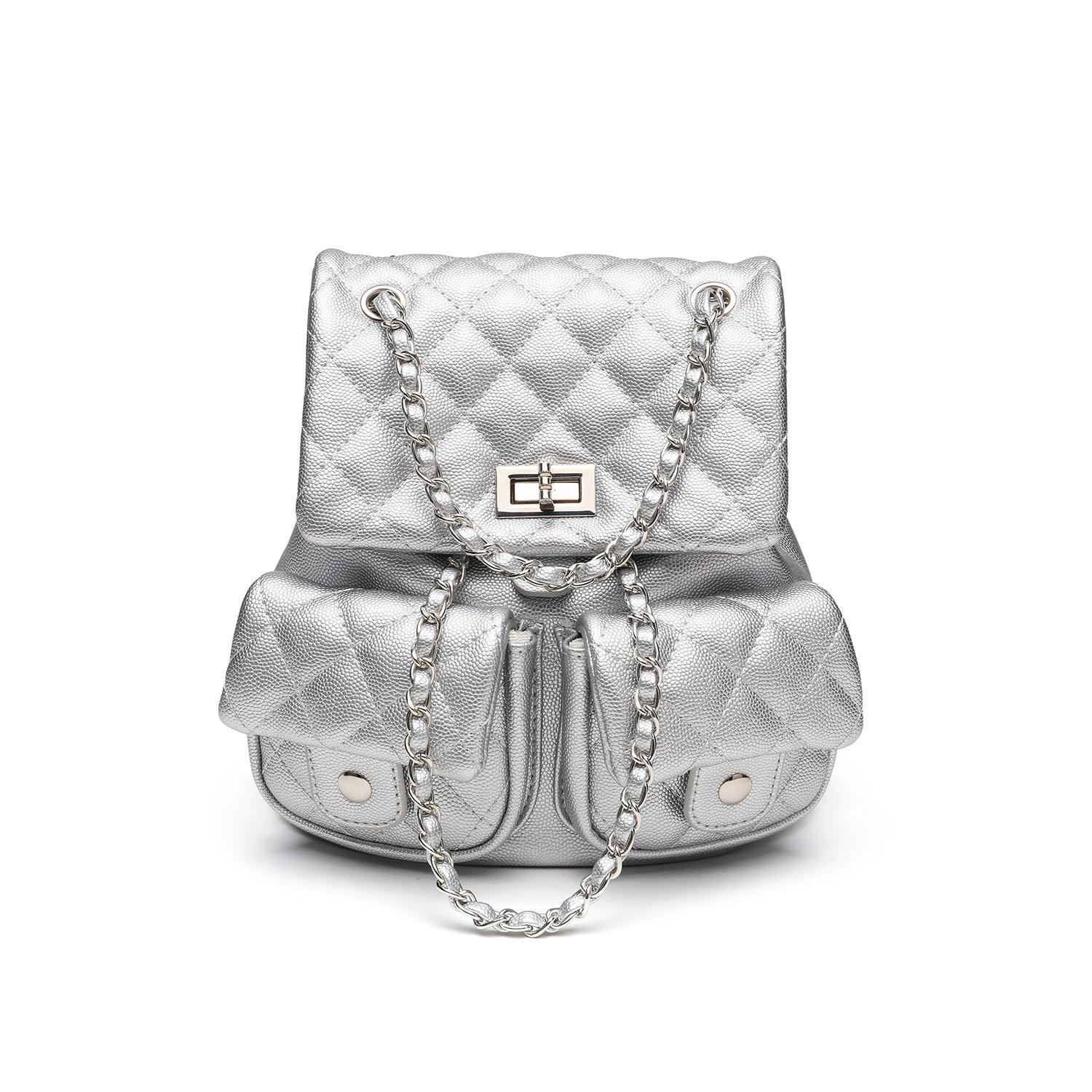 Small-scale Design Diamond-patterned Chain Shoulder Bag - Large Capacity, Fashionable Student and Casual Backpack серебряный