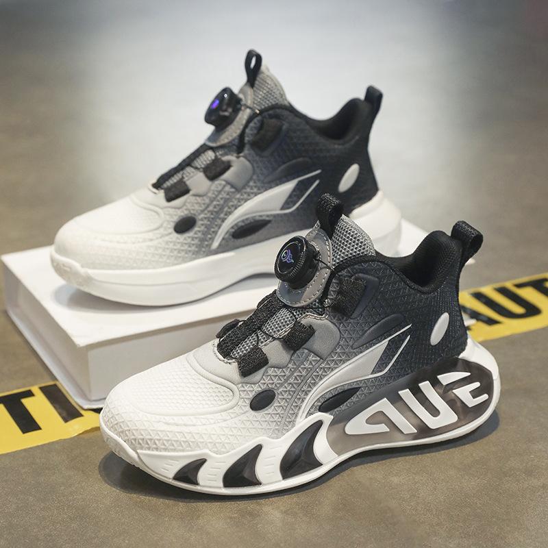 Children's Basketball Shoes Medium and Older Children's Boys Button Running Shoes Spring and Autumn Mesh Breathable Soft Sole Non-slip Sports Shoes
