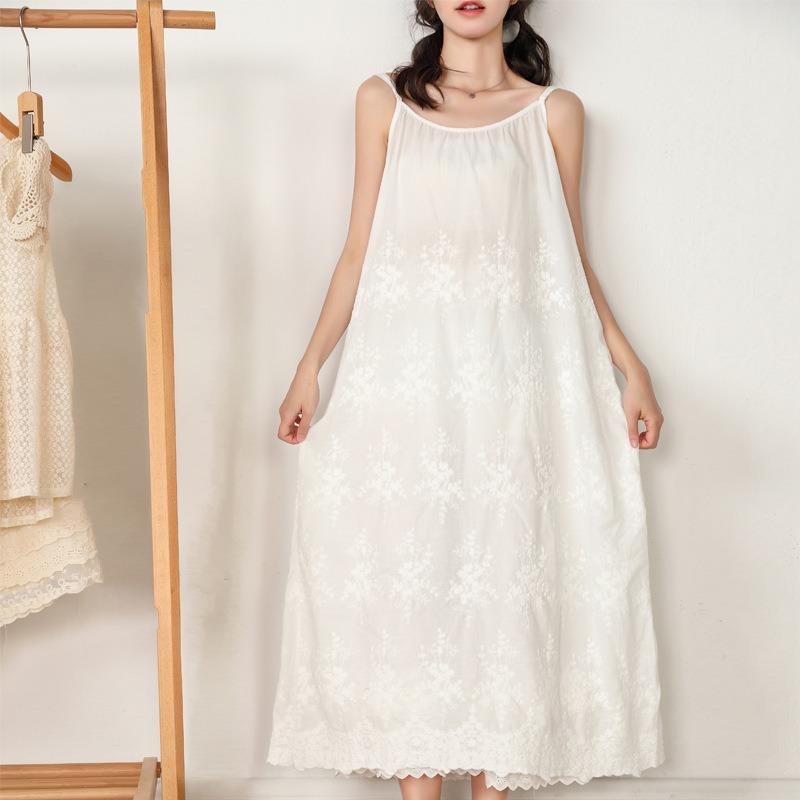 Spring/summer Day Mori Woman Fresh Sweet Solid Color Dress Embroidered Loose Waist with Waistband Base Long Dress