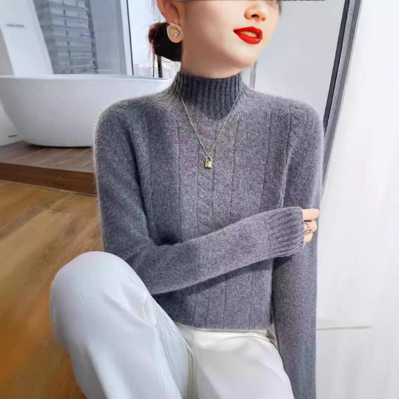 Autumn and winter new solid color temperament twist semi-turtleneck thickened loose and thin soft waxy sweater long-sleeved top women