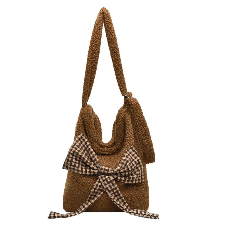 2025 autumn and winter new crossbody shoulder bag wind bow plush bag lamb wool student canvas bag