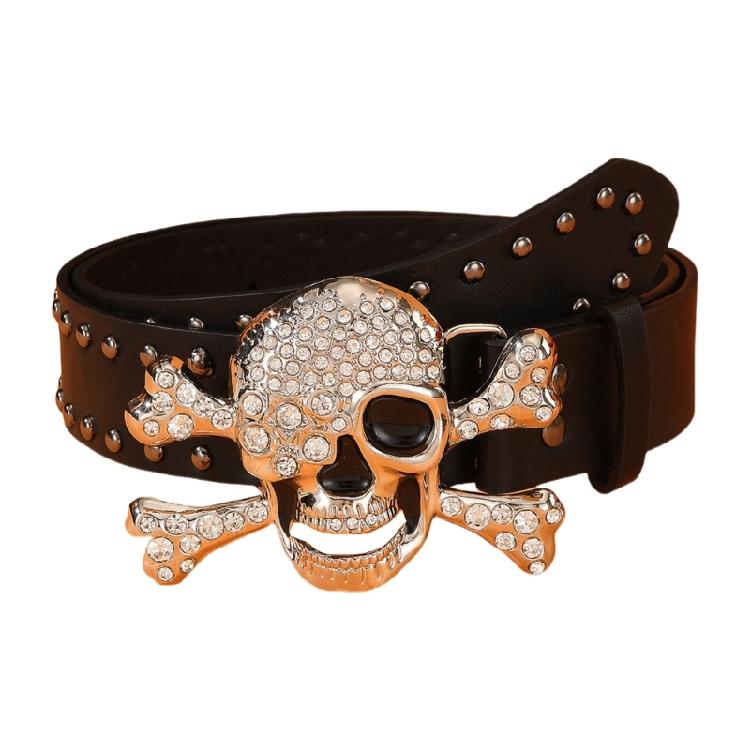 Punk Rhinestones Skull Belt for Adult Teens Waistband All Matching Rivet Studded Belt Halloween Accessories Costume Belt