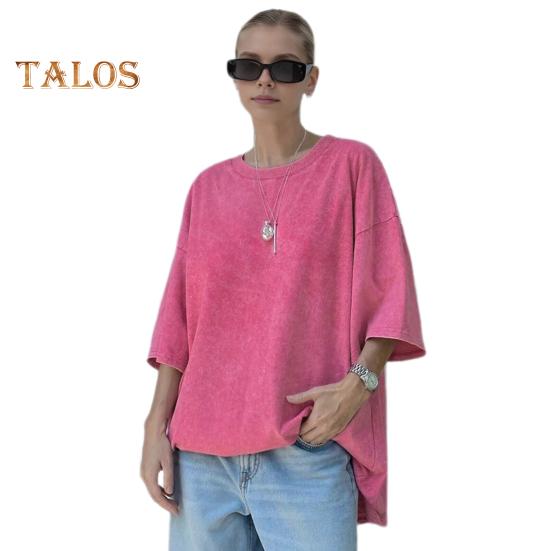 Damski T-shirt z okrągłym dekoltem i krótkim rękawem, luźny, jednolity kolor, prany, postarzany, retro, wkładany przez głowę, topy streetwear