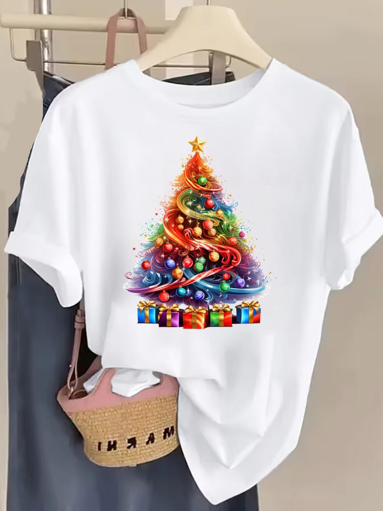 (Asian Size) watercolor tree style Tee Top Christmas Festival New Year Clothing T Shirt Women Fashion Print Female Woman Short Sleeve Graphic T-shirts