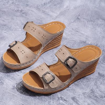 2025 New Foreign Trade Summer Women's Wedge Heel Thick-soled Slippers Large Size One Word with Fish Mouth Wedge Heel Slippers Women