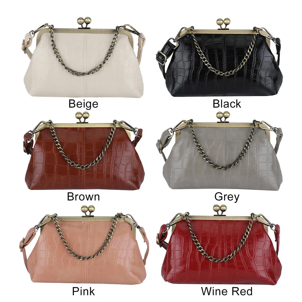 Women Girls PU Leather Kiss Lock Shoulder Bag One Shoulder Crossbody Bag Clip on Chain Handbag for Work School Travel Shopping