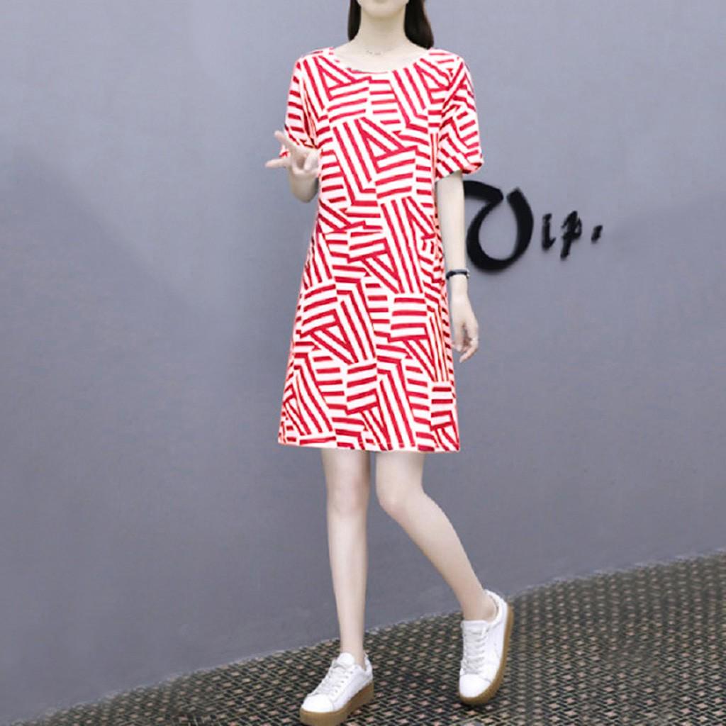 

Женское летнее повседневное платье с короткими рукавами и корейским полосатым принтом