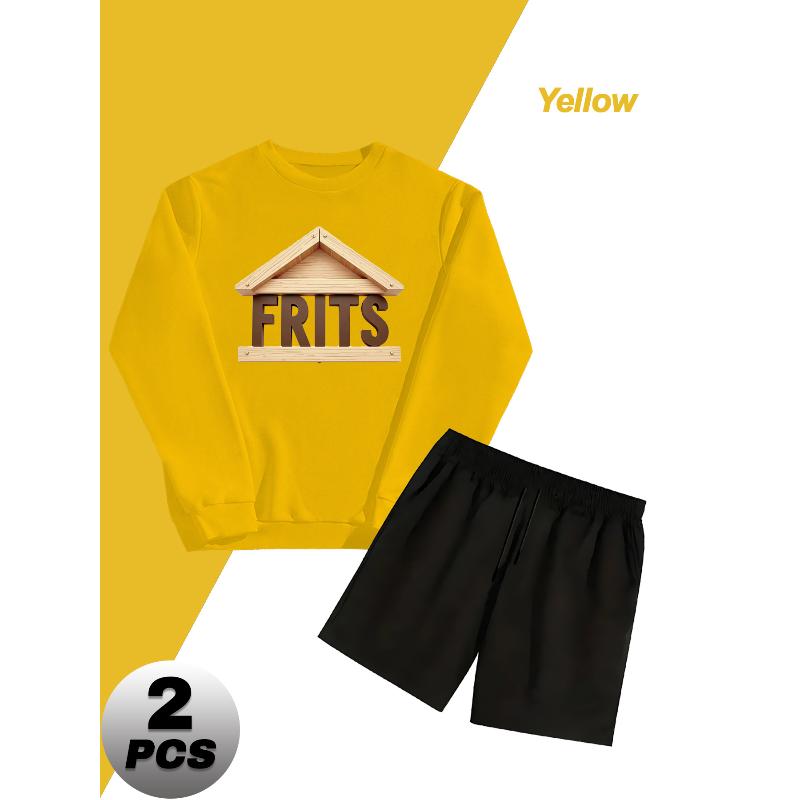 

2 Piece Casual Men s Polyester Set Crew Neck Sweatshirt and Drawstring Shorts Outdoor Gym Running Tracksuit XXL жовтий