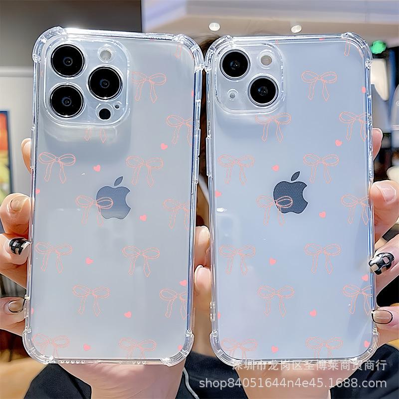 Pink bow is suitable for Apple 17 all-inclusive iPhone15promax transparent 12 four corners anti-drop 17 mobile phone case 13