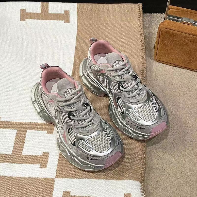 Thick-soled heightening dad shoes women's spring new silver breathable versatile lightweight sports and leisure shoes