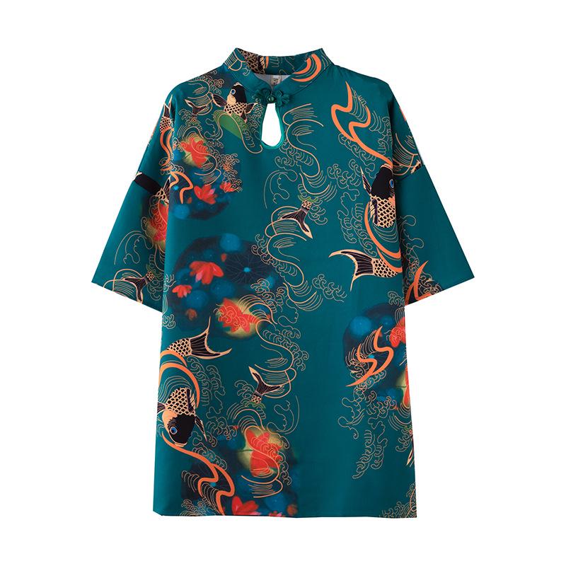 Guochao Women's Frog Button Qipao T-Shirt, Short Sleeve, Mid-Length, Ancient Style, Chinese Round Neck Design