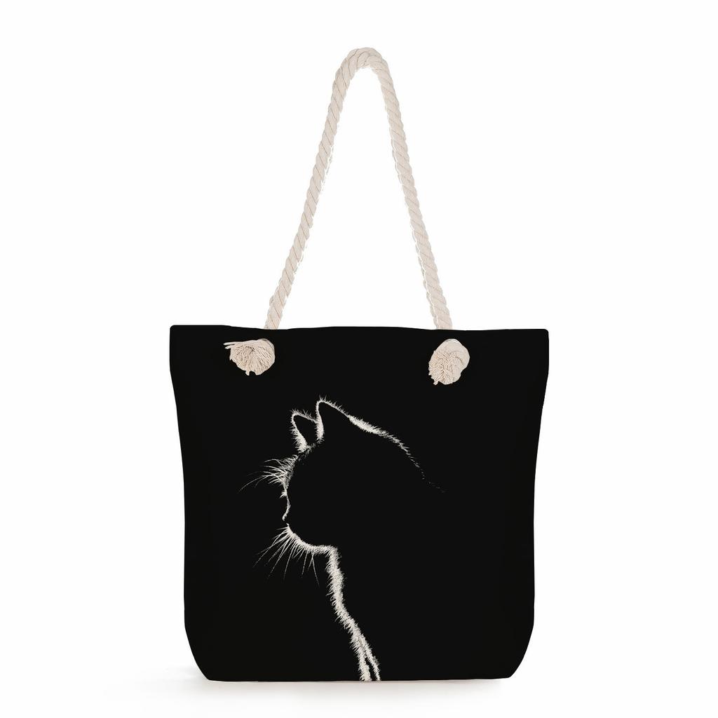 Multifunctional Cute Cat Printed Thick Rope Shoulder Beach Bag Casual Large Capacity Handbag 7608 KTB