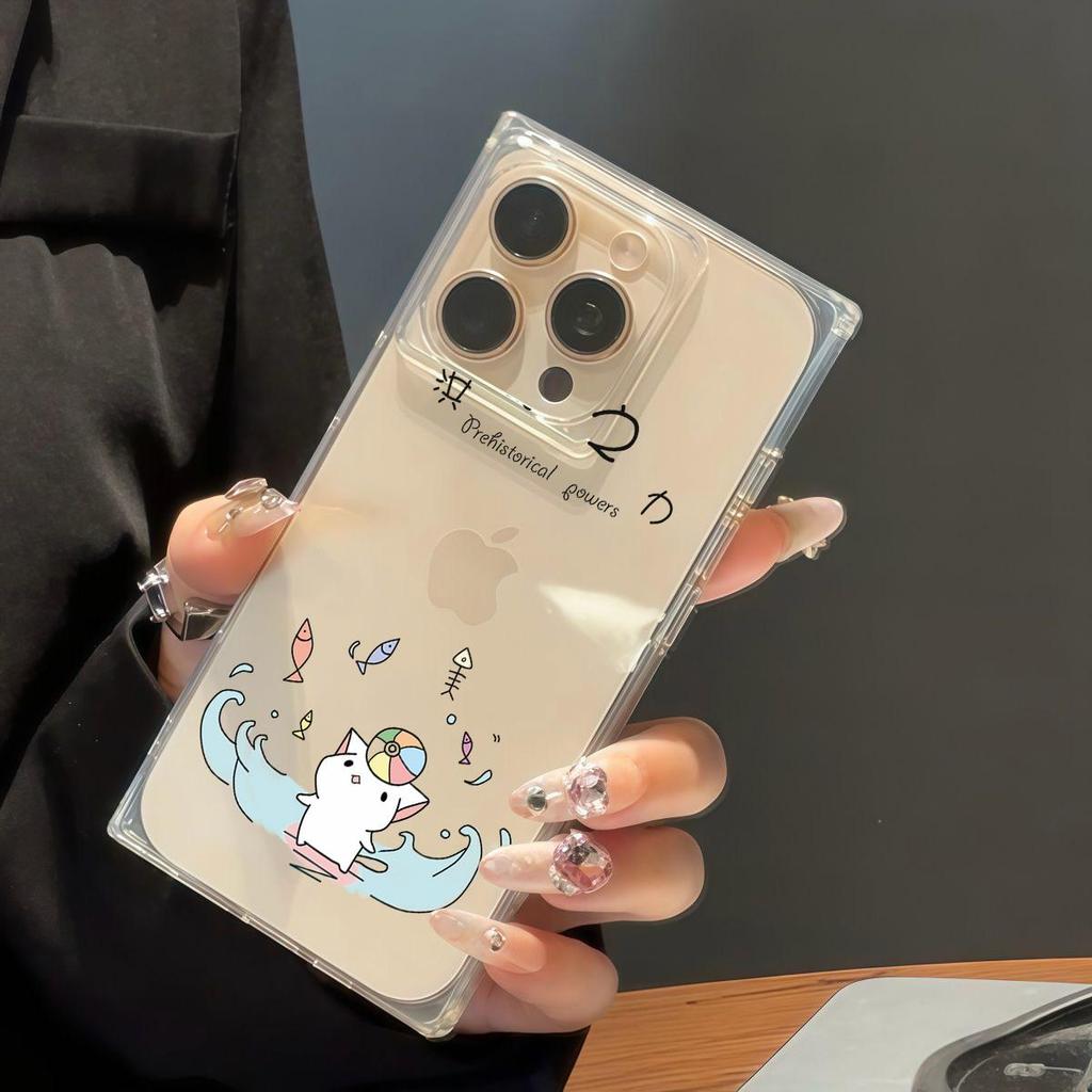 Clear Square Back Tube Case Protection For iPhone 14 Pro Max 13 16 ProMax 12 15 Plus 11 Rowing Cat Pattern