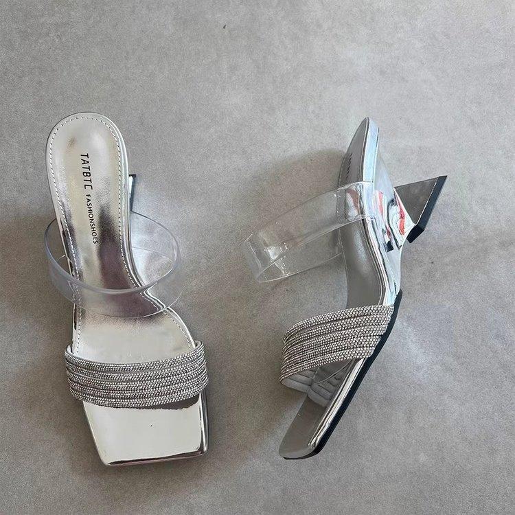 Mode Eckige Zehen Damen Schuhe Hausschuhe Damen Sommer Pantoletten Jelly Flip Flops Absatz Mules Flip-Flops 2025 Block Glitzer Hoch Hawaiianisch C