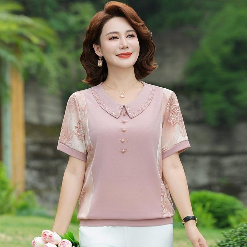 Women Floral Jacquard Peter Pan Collar Short Sleeve Knit Top XL