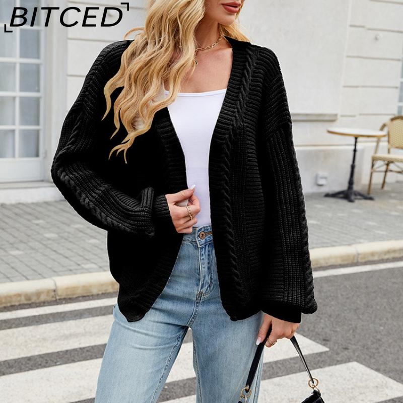 BITCED Relaxed-Fit Oversized Cardigan Autumn/Winter Long-Sleeved V-Neck Cable-Knit Sweater