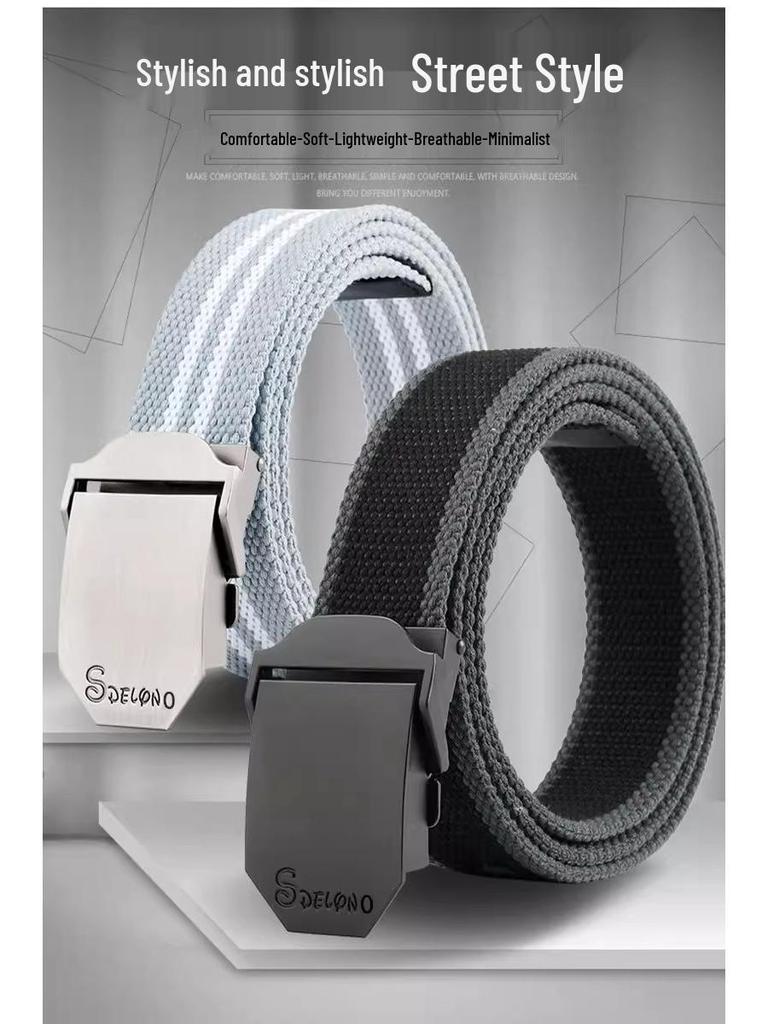 Men's Canvas Belt with Automatic Smooth Buckle - Casual Workwear, Korean Style, for Students & Outdoor Military Training.