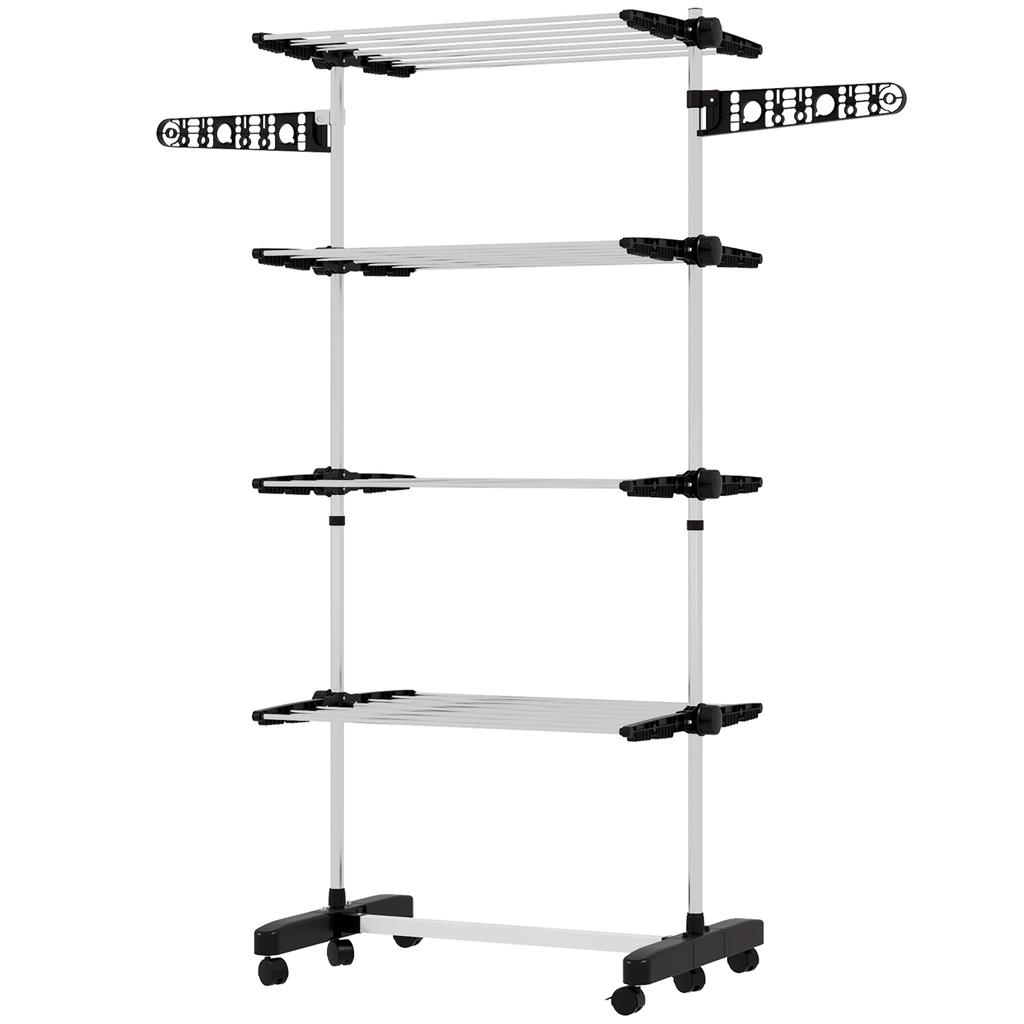 Four-Shelf Collapsing Clothes Horse, With Side Arms and Wheels - Black