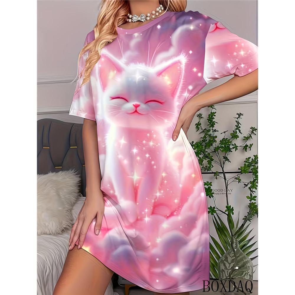 Hand-painted Crown Letter Pattern Round Neck Mid-length Women's Nightgown