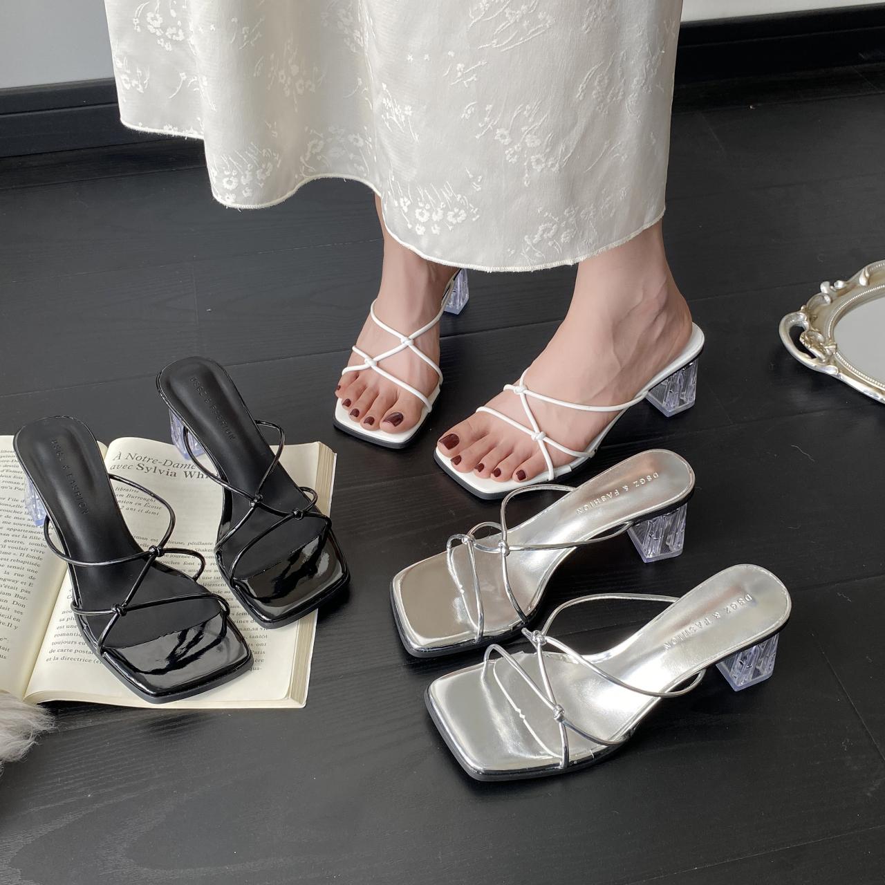 

мода Женские 2024 новая мода слипоны квадратный открытый носок шлепанцы высокий каблук платья сандалии для женщин 39 серебряный