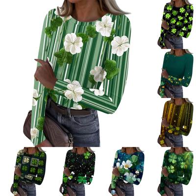 Women's Casual Fashion Round Neck St. Patrick's Day Print Long Sleeve Ribbed Top
