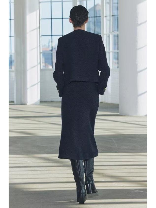 Evropský a americký styl dvouřadý krátký blejzr-pláštěnka ze směsi vlny s midi sukní