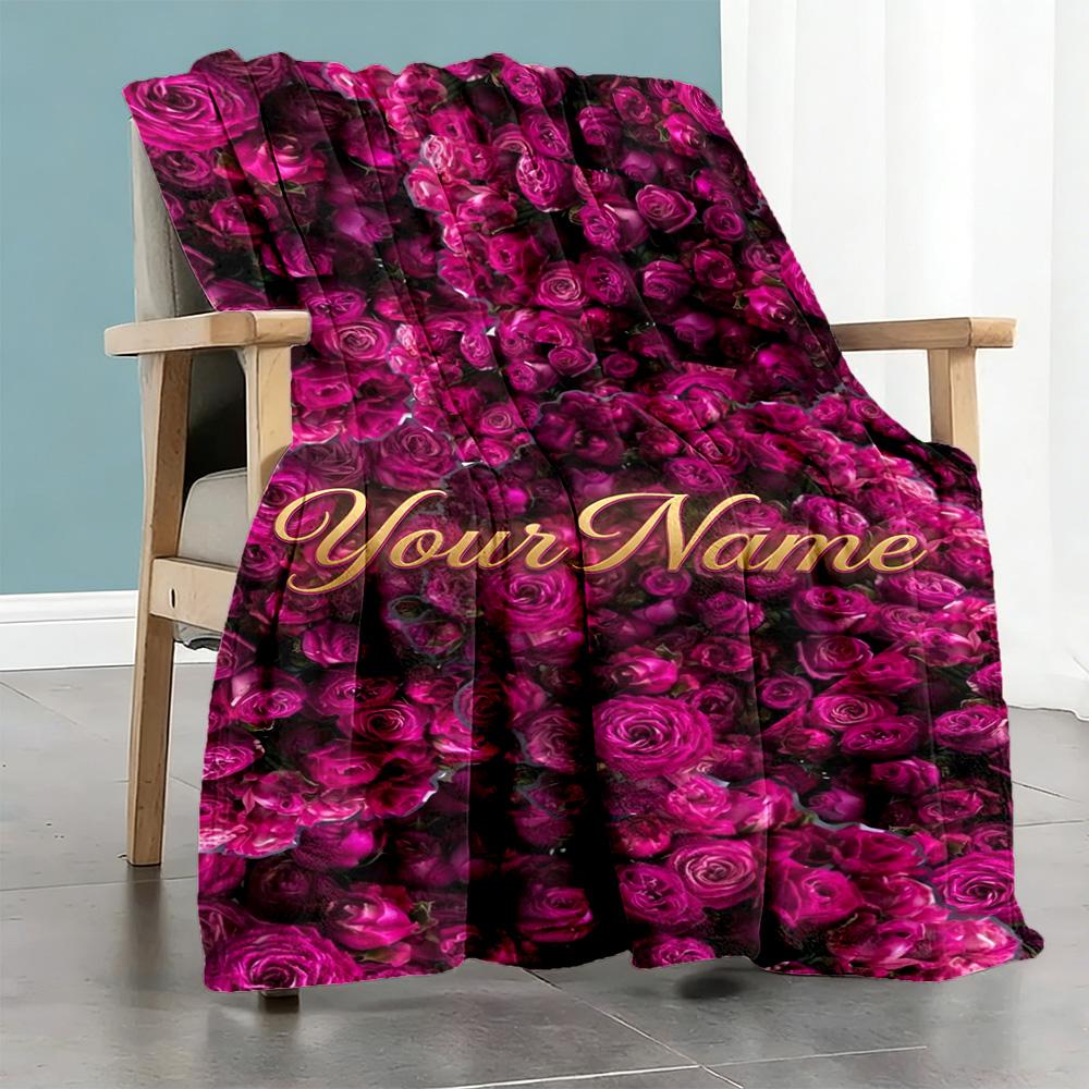 Rose Personalized Name Blanket Multi-purpose Customizable Blanket Soft Warm Cozy Suitable for Office Living Room Sofa Livingroom Four Seasons Universa