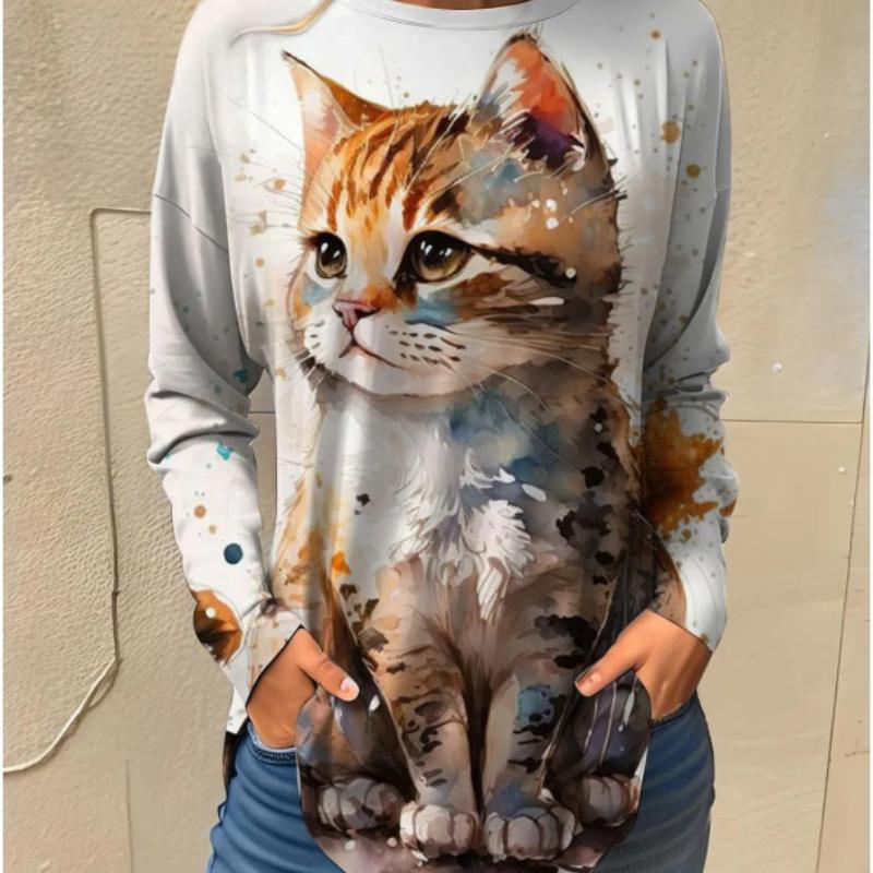 

Новинка 2023 года, женский пуловер с 3d принтом кота, круглым вырезом и длинными рукавами, мягкая и интимная модная повседневная одежда