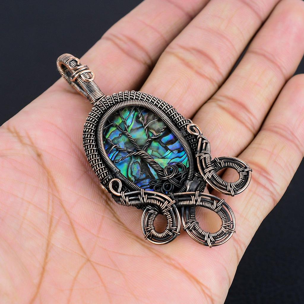 Abalone Shell 999 Copper Wire Wrapped  Pendant, Handmade Gemstone Pendant Jewelry, Gifts For Wife Brand New Pendant