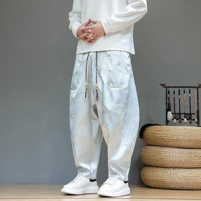 Herren Blau Drachen Jacquard Haremshose Satin Kordelzug Weiter Bein Hosen