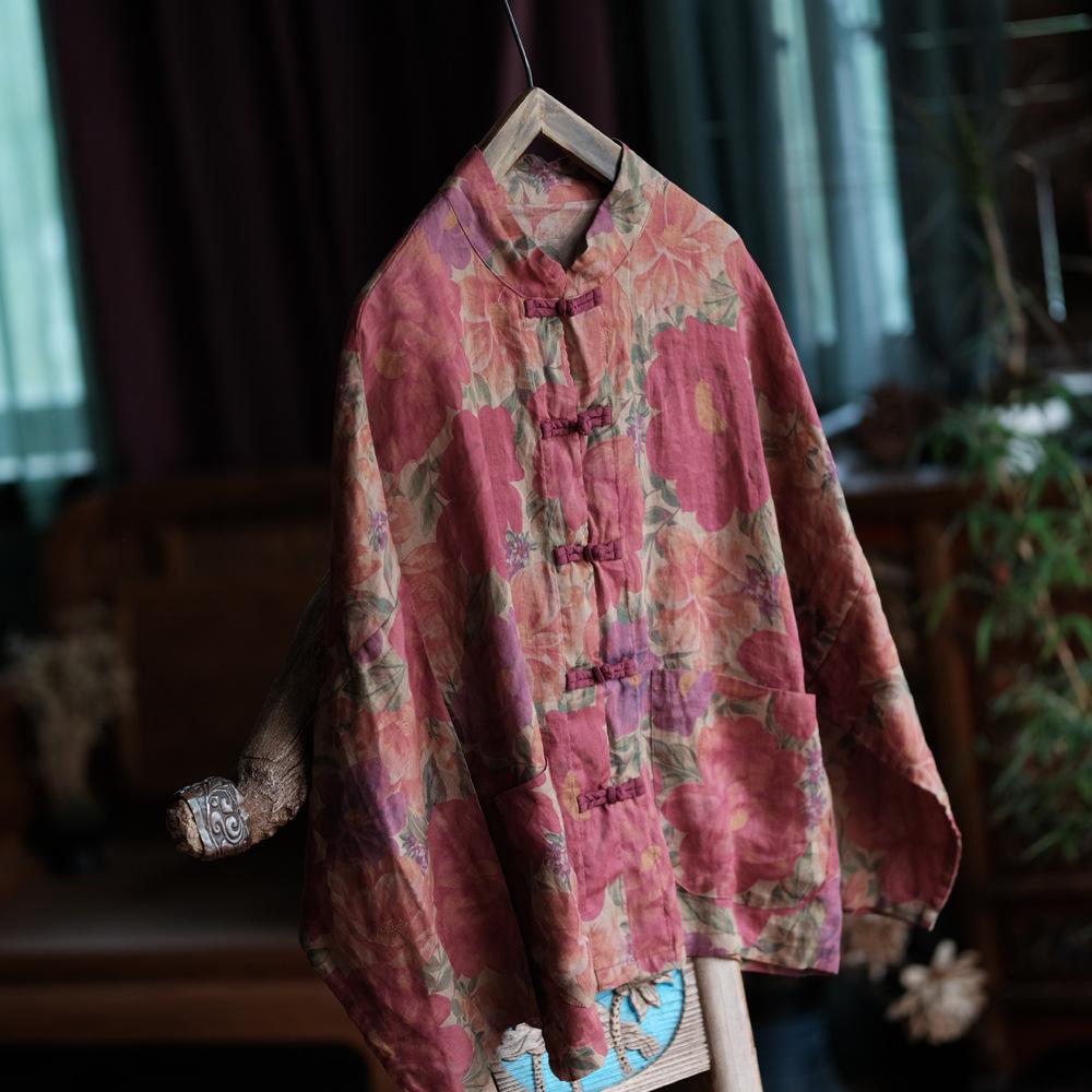 

Johnature Женские рубашки с винтажным принтом и цветочным принтом, свободные блузки с длинным рукавом и пуговицами в китайском стиле для женщин One Size красный