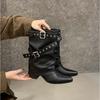 2025 New Retro Pointed Thin Boots Belt Buckle Thin But Knee Pile Boots Women's Versatile Thick Heel Mid Boots