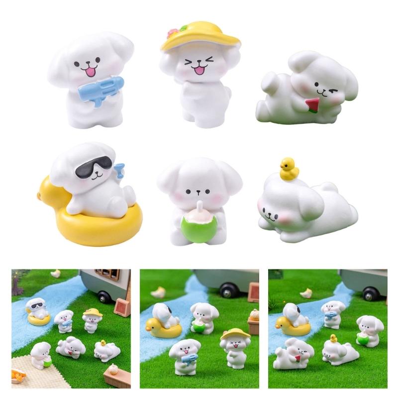 6 Piece Colorful Resins Dog Miniature Sculpture With Beach Theme Design Vacation Animal Statue Table Decoration Accent