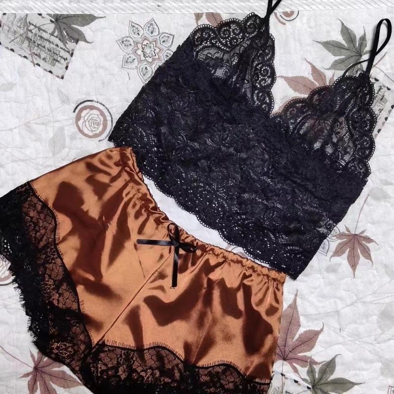 Pijamale Sexy pentru Femei Set 2 Piese Top Pantaloni Scurți Haine de Dormit Pijamale Dantelă Lenjerie