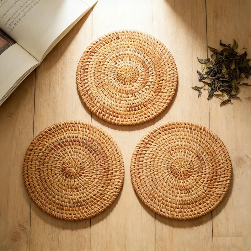 Hand Woven Hot Insulation Placemats Table Padding Kitchen Decoration Accessories Cup Mat Round Natural Rattan Hot Pad
