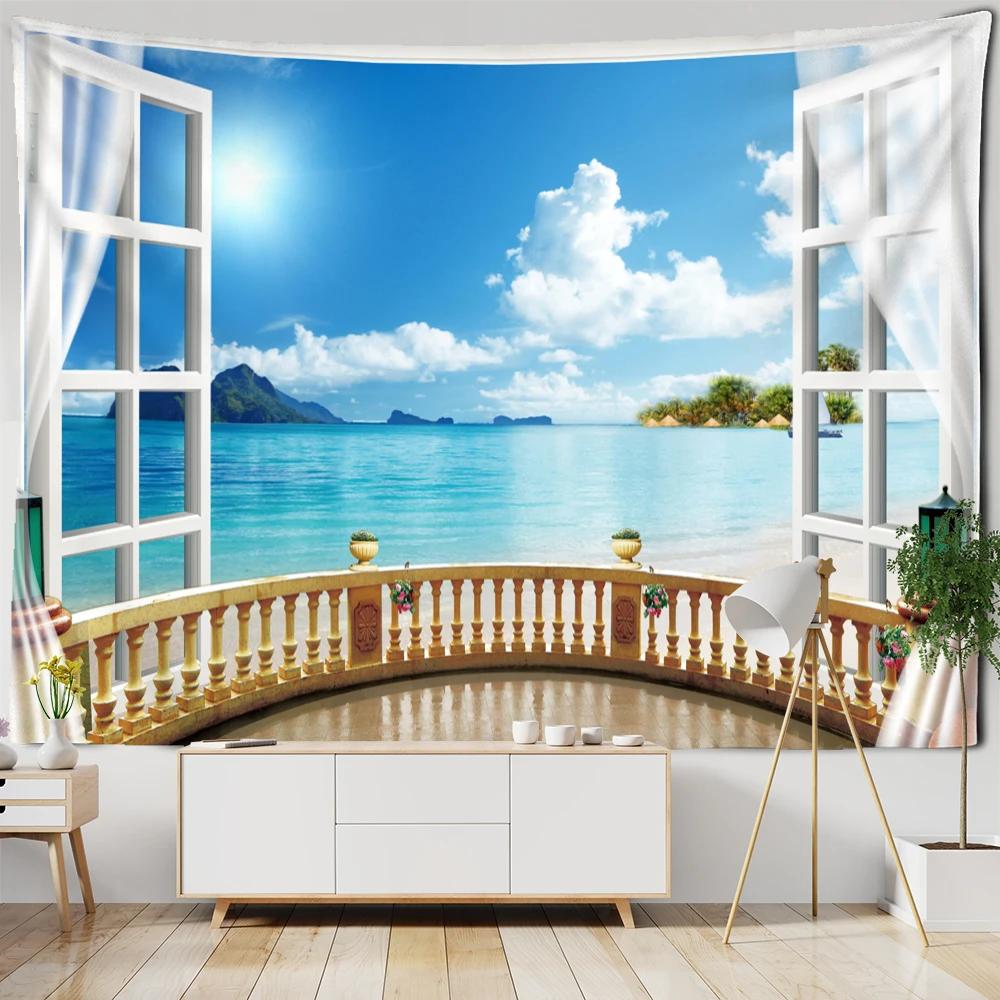 Imitation Window Landscape Painting Tapestry Wall Hanging Bohemian Natural Scenery Hippie Living Room Home Decor