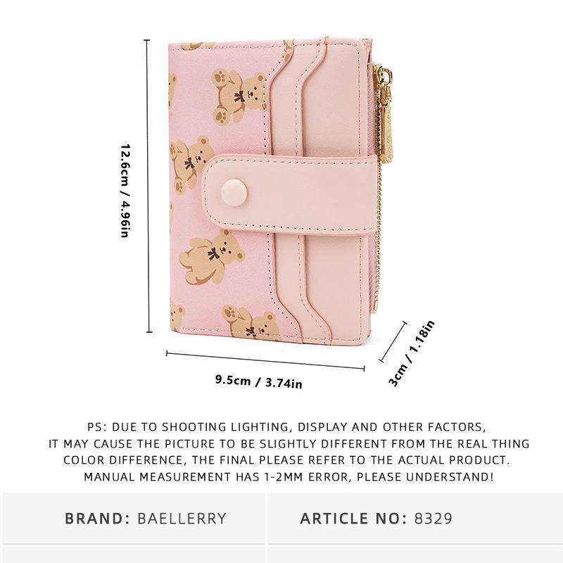 Dámská kreslená peněženka s medvídkem s velkokapacitní kapsou na mince, skládací multifunkční kabelka se spojkou