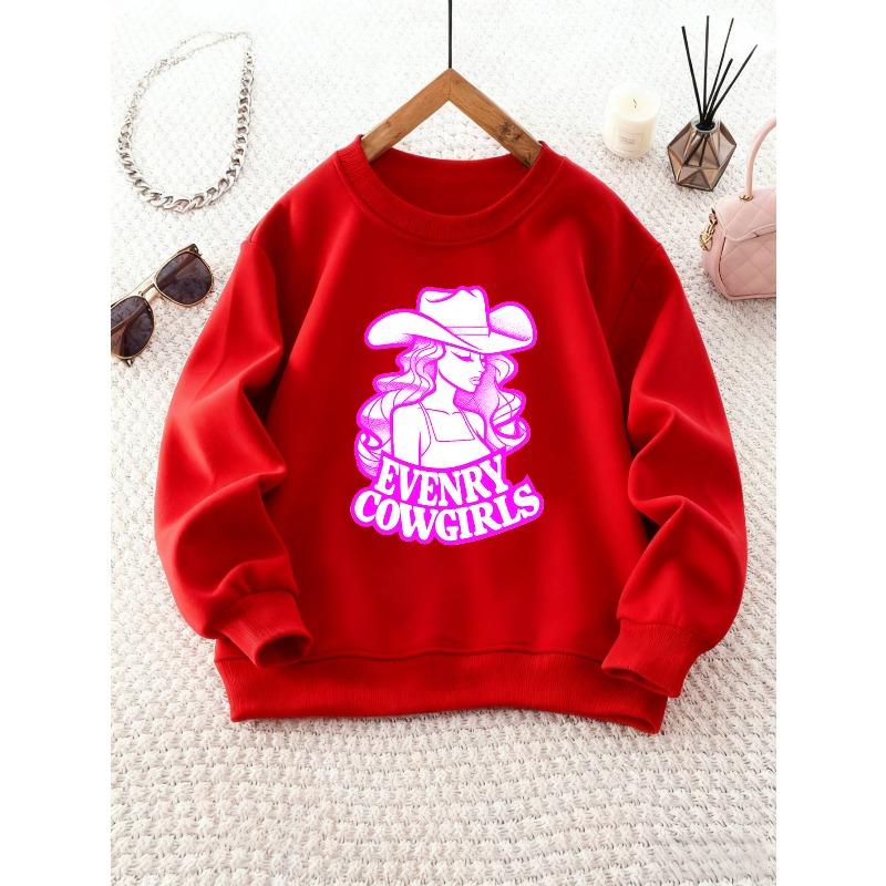 Girl's Round Neck Sweatshirt with Cartoon Cowgirl Print Long Sleeve Top, Ideal for Weekend Outings and Outdoor Wear