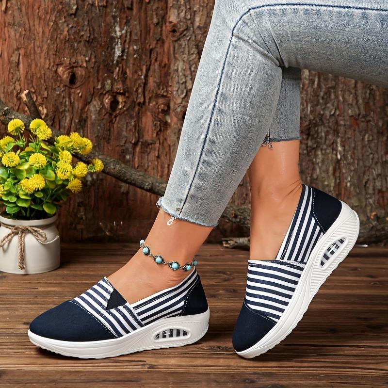 Durable Women's Casual Slip-On Sneakers Striped Low-Top with Beaded Ankle Strap, Fabric Uppe Sole for All-Season Outdoor Wear, Comfortable Footwear