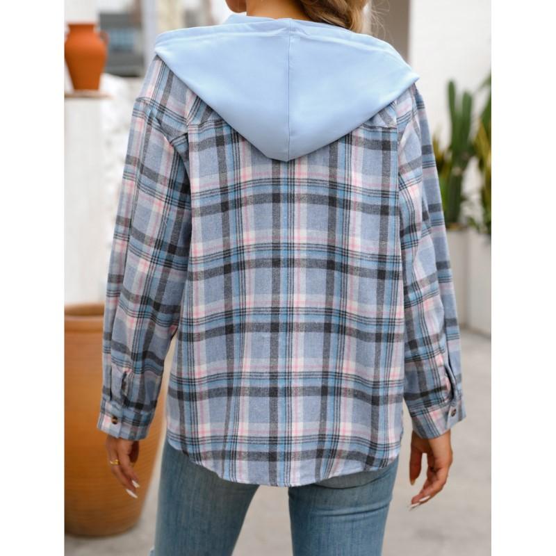 Women's Hooded Blouses Coat Autumn Fashion Loose Plaid Pockets Casual Shirts Women Streetwear Tops Jacket Clothing