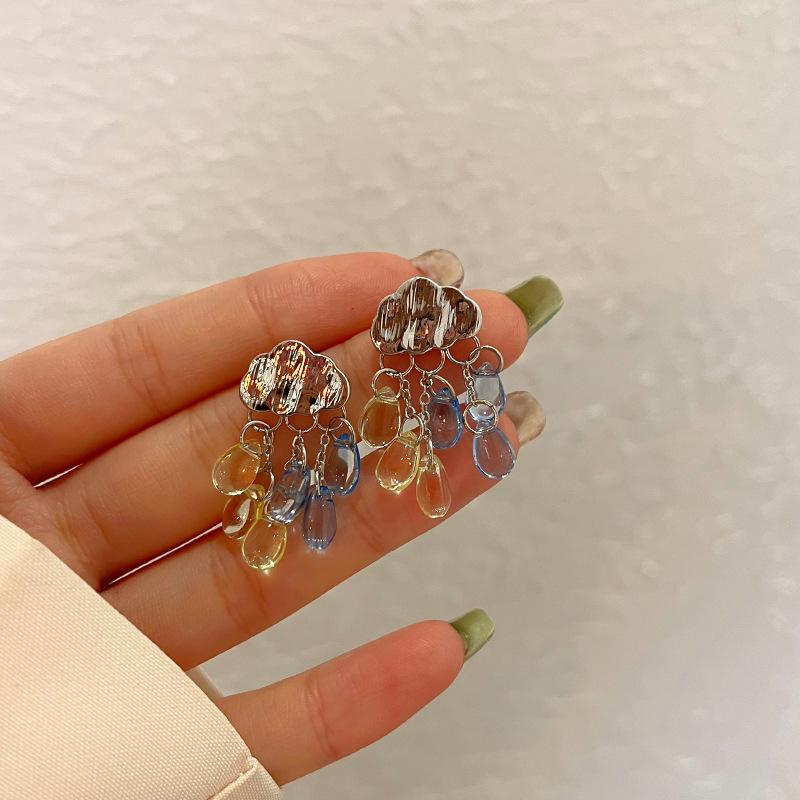 Color Cloud Water Drop Tassel Earrings Summer New Fashion Crystal Raindrop Cloud Shaped Earrings For Women Party Jewelry