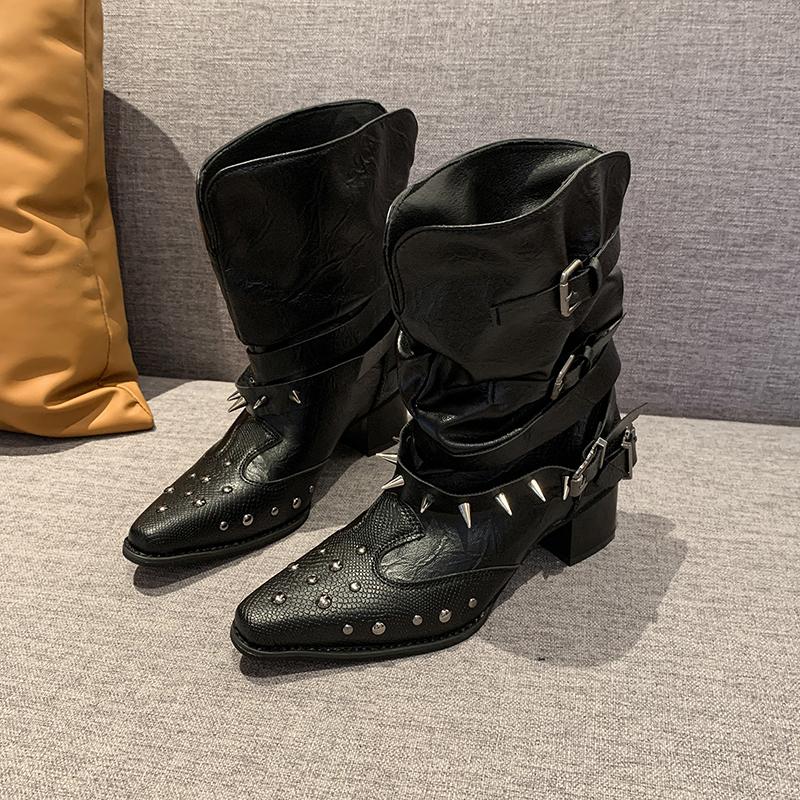 Fashion 2025 New Long-Tube Boots Women's Pointed Toe Block Heel Studded Knight Boots