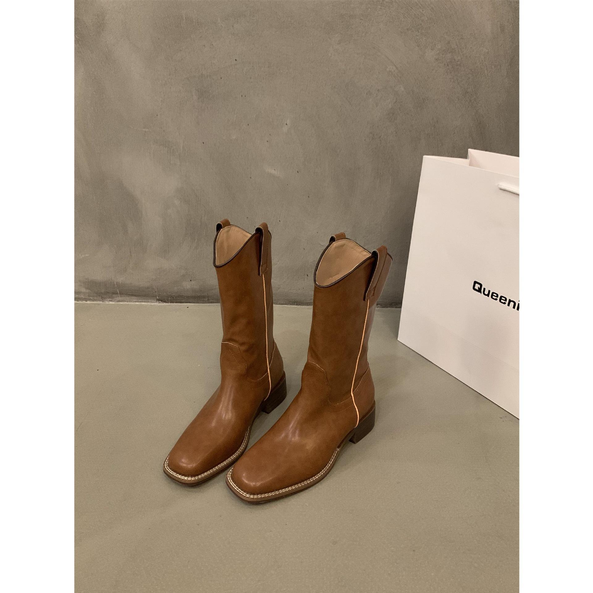 

Coarse heel American retro brown V-mouth boots women s boots 2025 new spring, autumn and winter medium tube knight boots 35