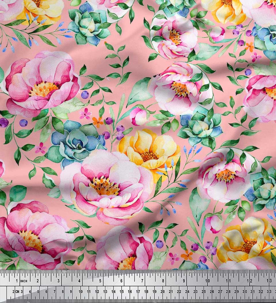 

Тканина Soimoi Japan Crepe Satin Leaves & Peony Flower Print Тканина на метр 42 дюйма 42 Inch Wide - Poly Crepe помаранчевий