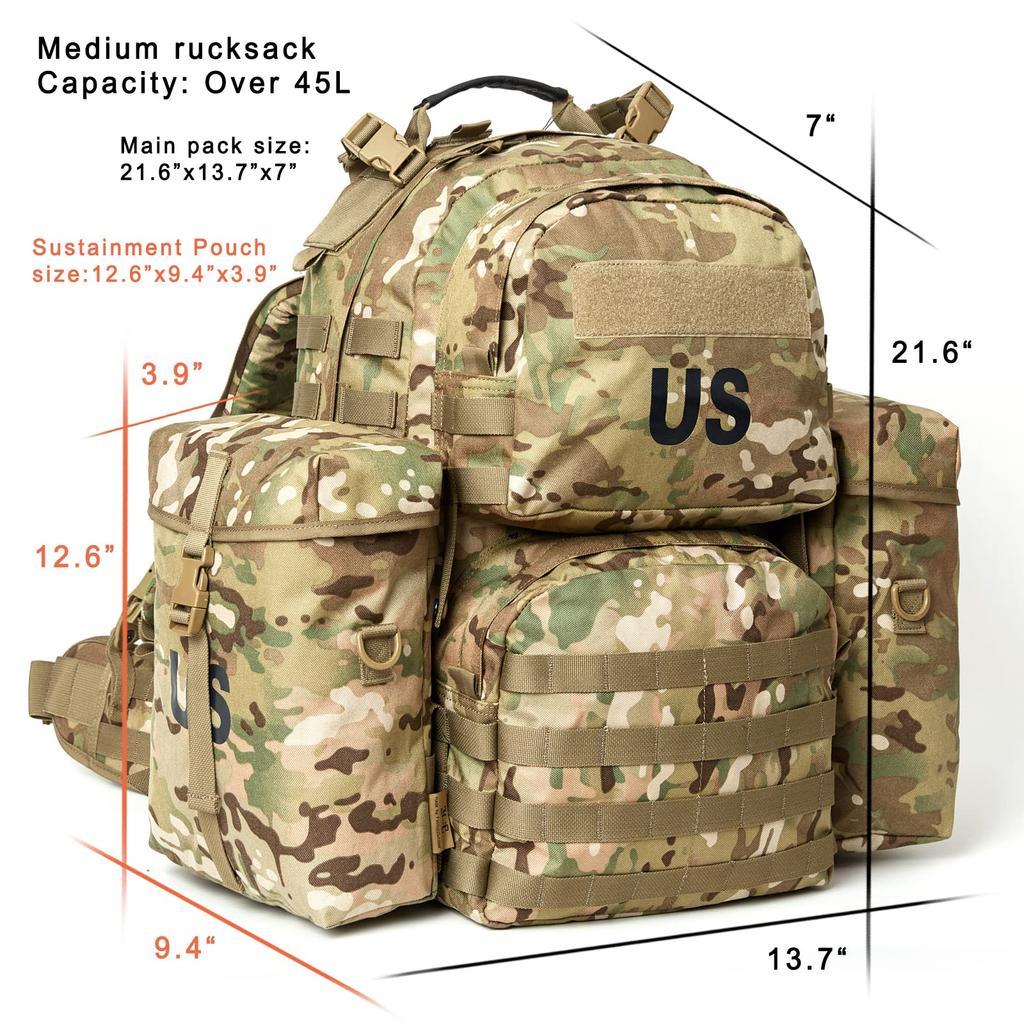[Akmax.cn] Militärischer Molle II Rucksack, Armee Mittlerer Rucksack, 50L, mit Rahmen, für Outdoor-Aktivitäten, Wandern, Camping, MulticamGreen (Rahmen Multicam)