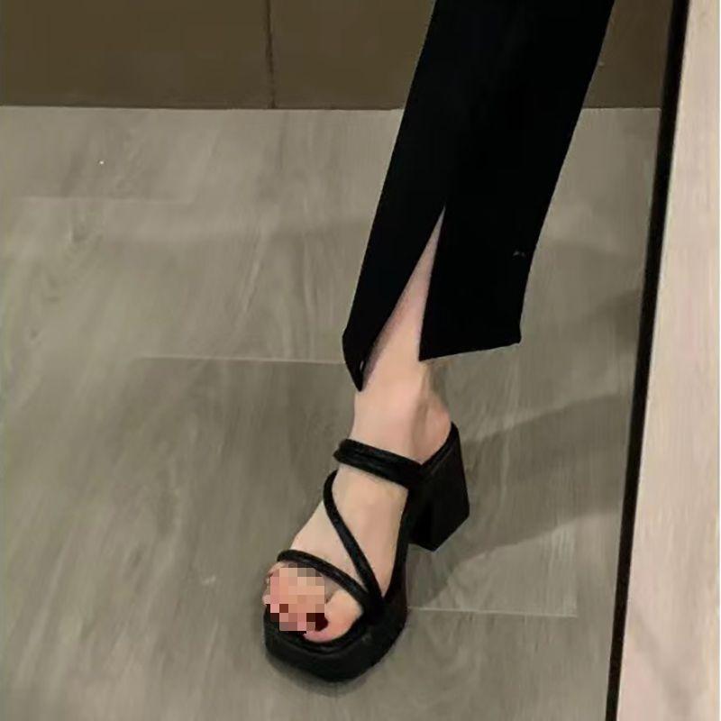 

Fashion versatile two wear high-heeled cool slippers women summer wear new women s thick-heeled thick-soled one-word sandals 40