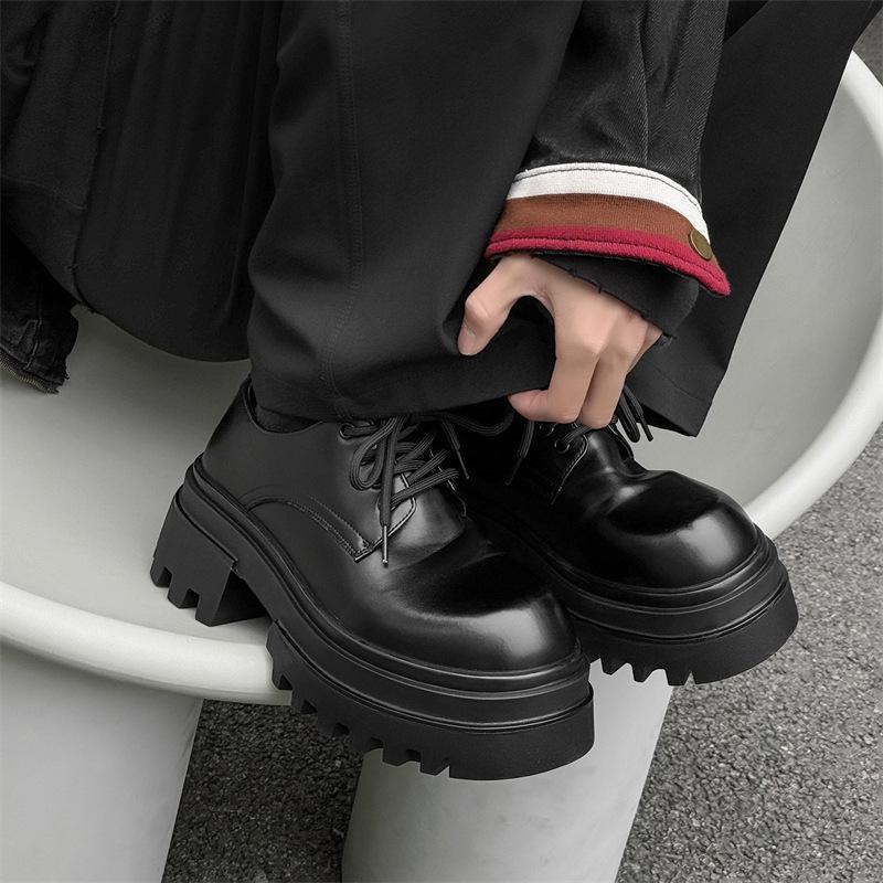 2024 Men's Thick Sole Height-Increasing Black Leather Derby Shoes - British Style